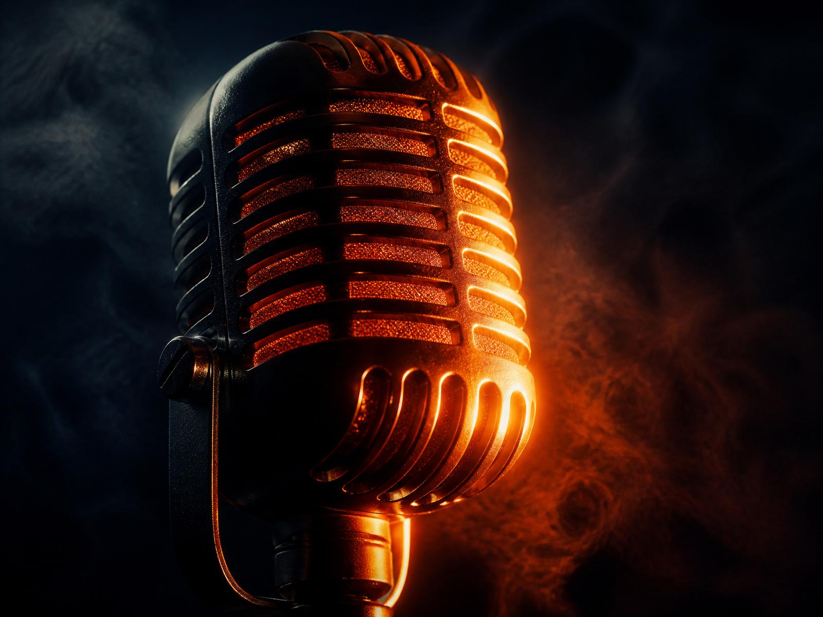 Vintage broadcast microphone glowing with orange light